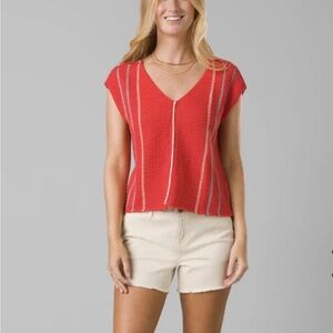 Prana Red Cuffed Sleeve Crop Blouse